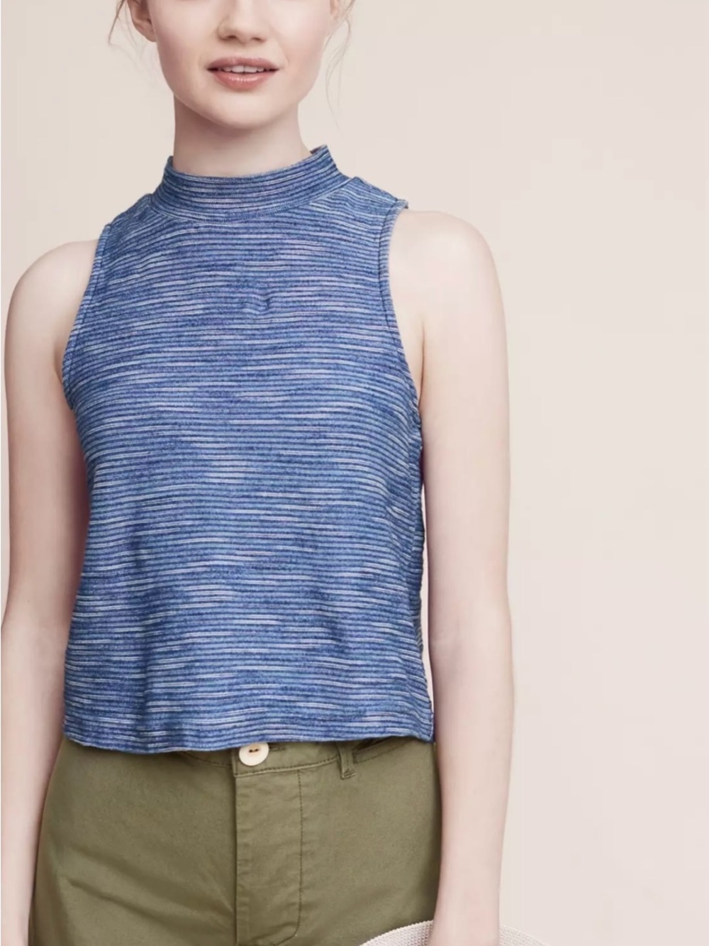 Anthropologie Indigo Striped Mock Neck Tank S Preppy Coastal Chic 100% Cotton